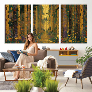 Gustav Klimt Style Forest Canvas Wall Art, Golden Forest Path Floral Art Nouveau Print, Enchanted Woodland Decor