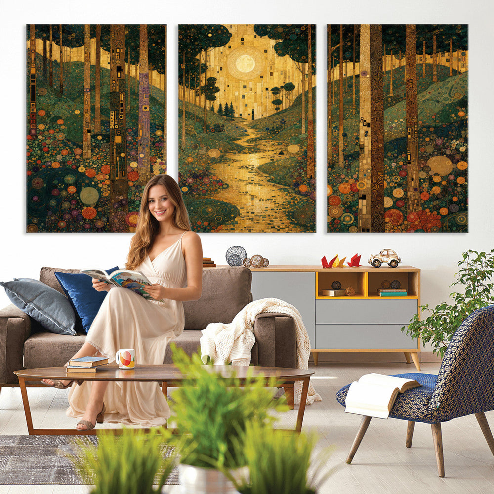 Gustav Klimt Style Forest Canvas Wall Art, Golden Forest Path Floral Art Nouveau Print, Enchanted Woodland Decor