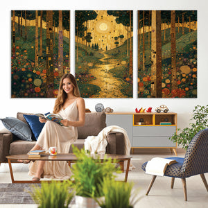 Gustav Klimt Style Forest Canvas Wall Art, Golden Forest Path Floral Art Nouveau Print, Enchanted Woodland Decor