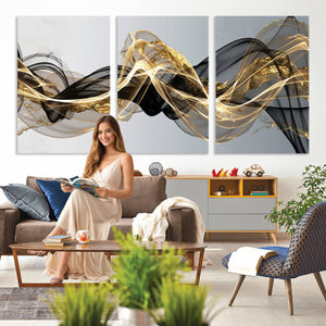 Black and Gold Abstract Wall Art, Modern Wave Canvas Print, Elegant Flowing Smoke Art, Luxury Living Room Decor