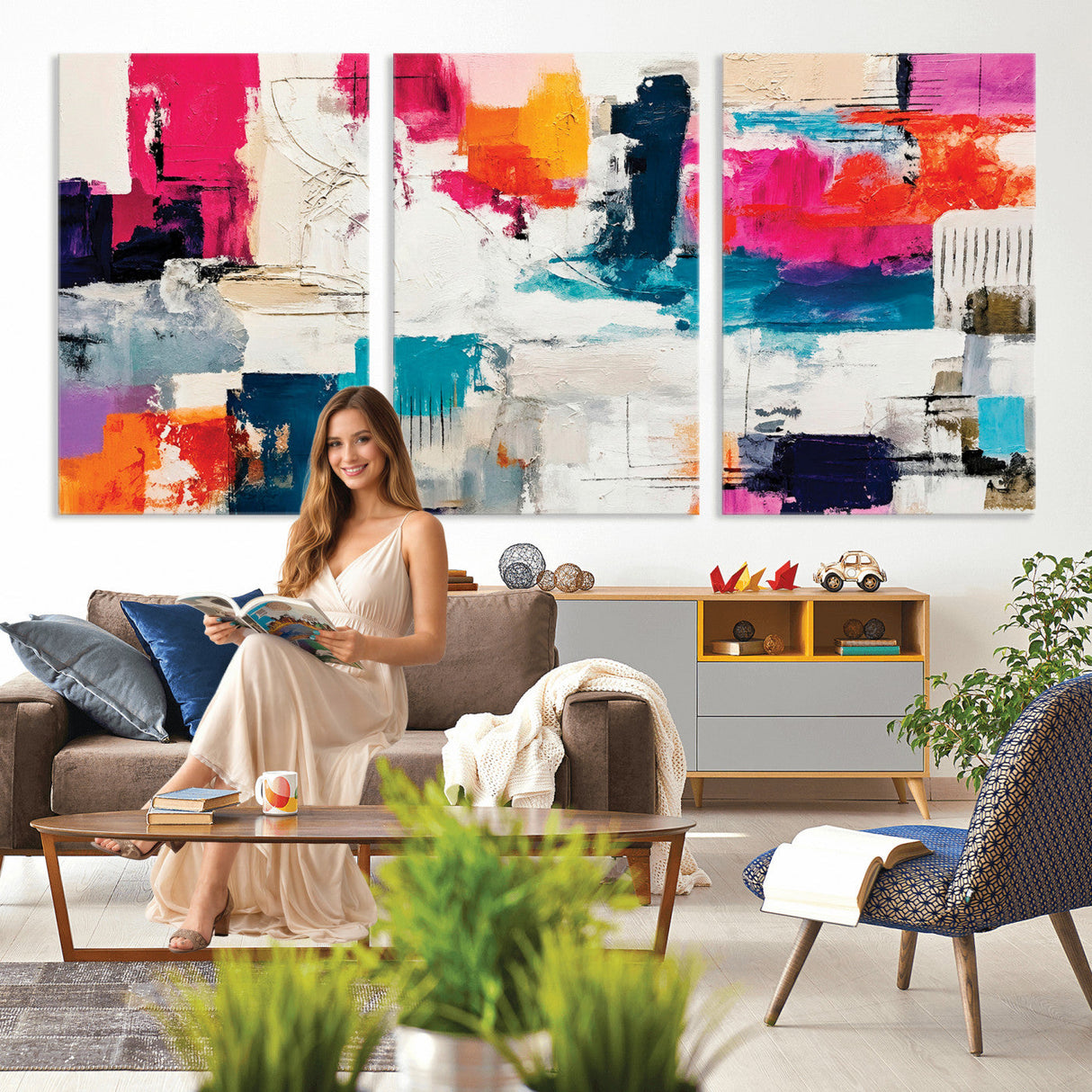 Blue Teal Abstract Canvas Wall Art, Modern Textured Painting Print, Navy Orange White Contemporary Art, Neutral Living Room Decor, Office Art