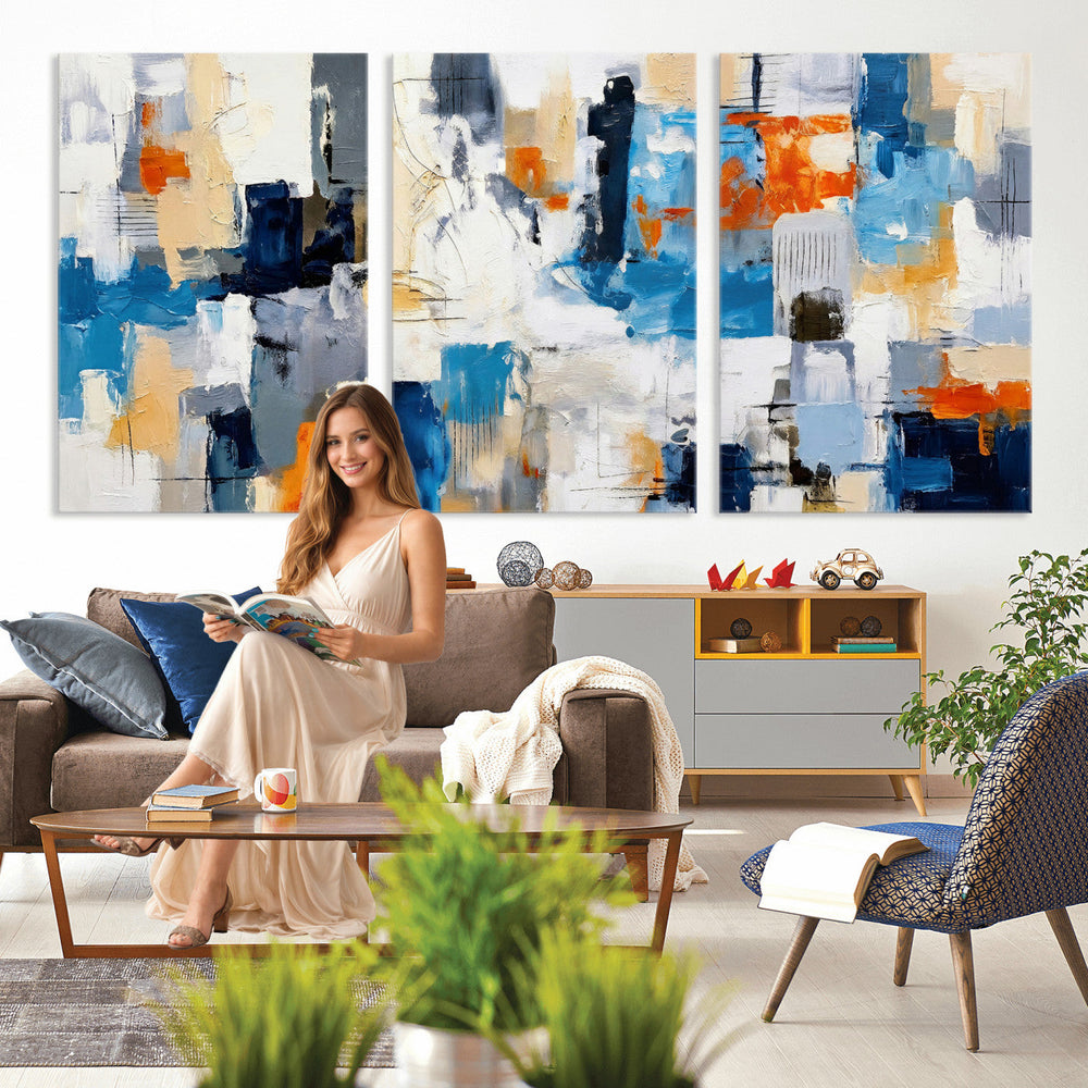 Blue Teal Abstract Canvas Wall Art, Modern Textured Painting Print, Navy Orange White Contemporary Art, Neutral Living Room Decor, Office Art