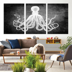 Black White Octopus Wall Art Canvas Print