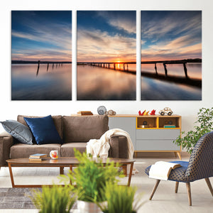 Wooden Pier on Seascape and Sunset Wall Art Canvas Print