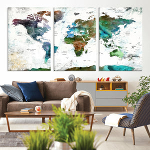 Modern Watercolor World Map Canvas Wall Art – Framed