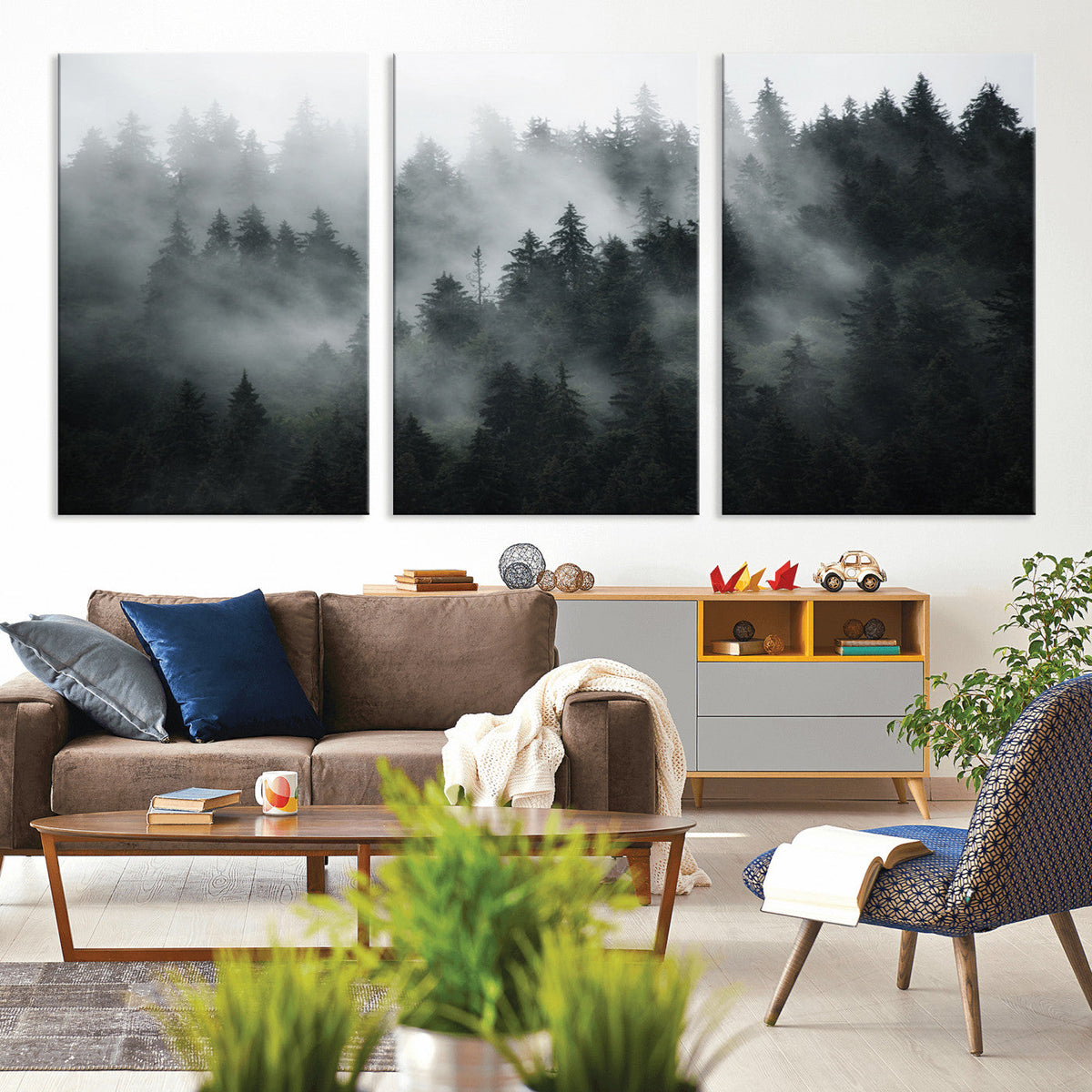 Foggy Forest Wall Art Canvas Print | 3 Panel Large Misty