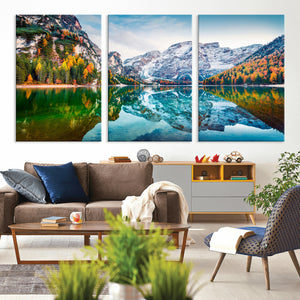 Spectacular autumn view of Braies Lake Wall Art Canvas Print