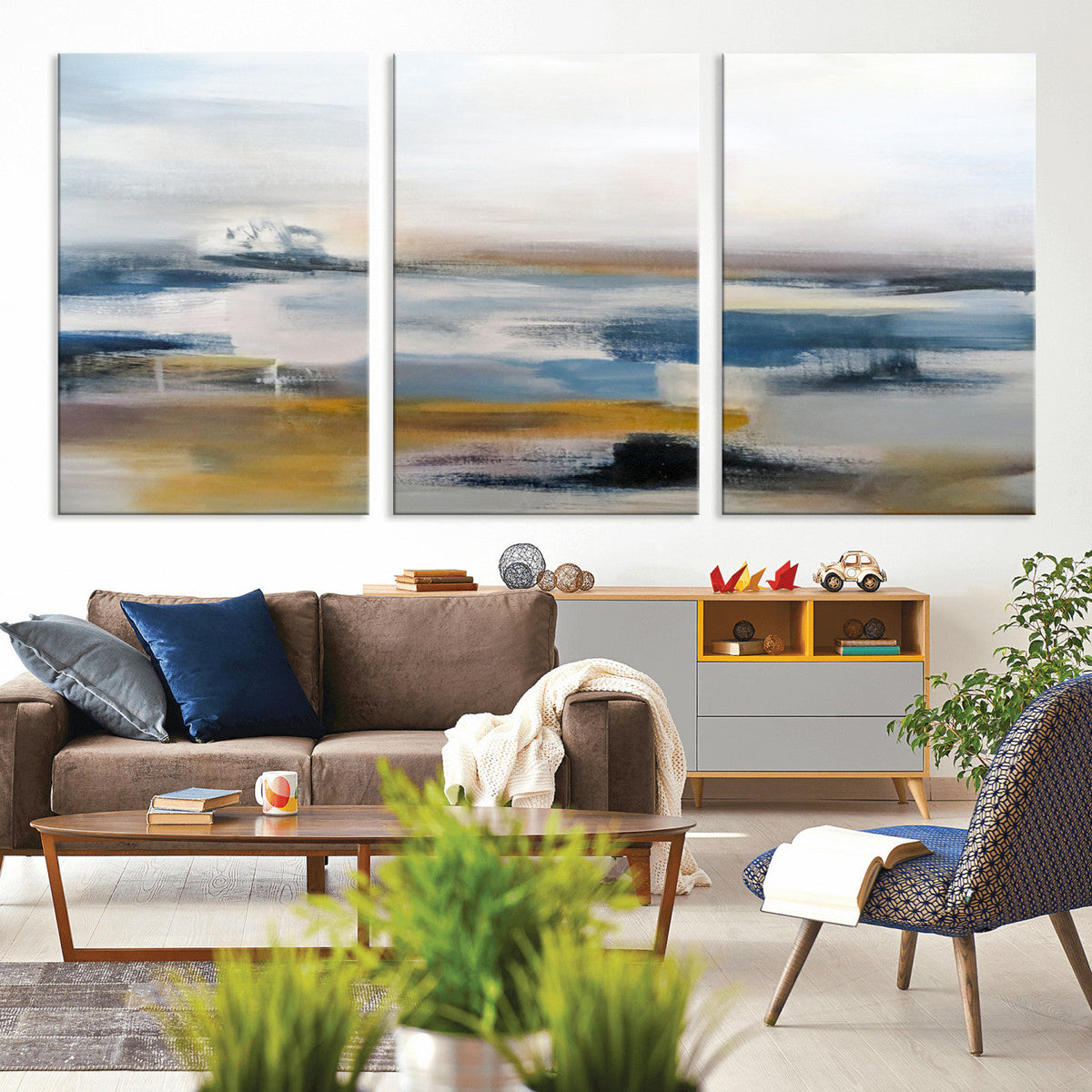 Abstract Landscape Wall Art Canvas | 3 Panel Modern Blue,