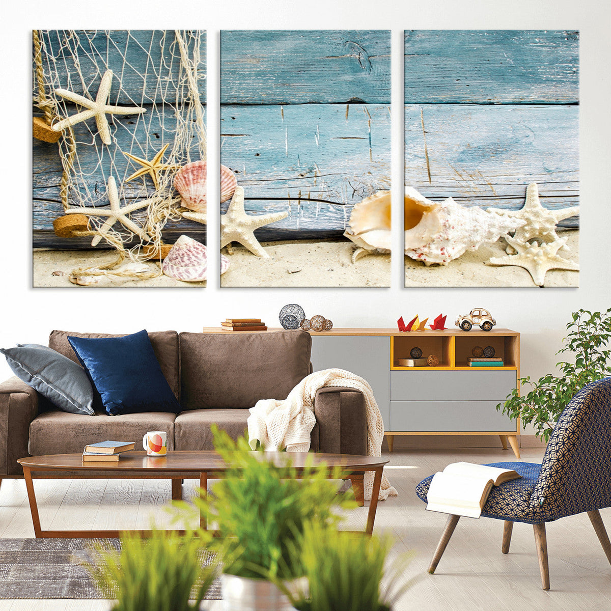 Seashells on Rustic Wooden Background, Seashells Wall Art