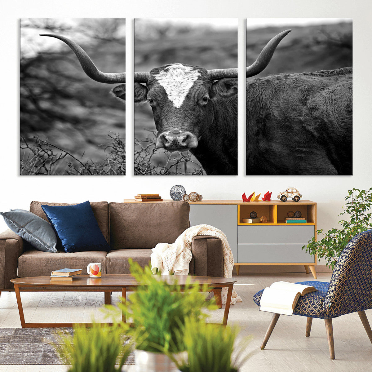 Western Home Wall Art Canvas Print, Framed Texas Longhorn