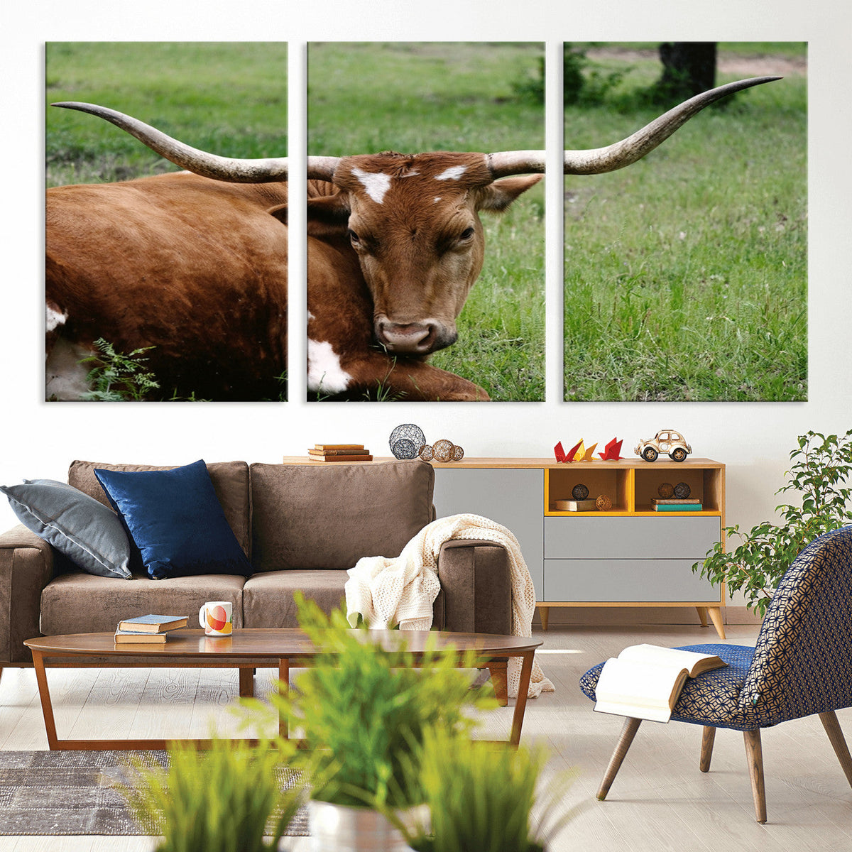Longhorn Steer Canvas Wall Art – Rustic Nature Triptych