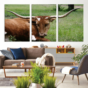 Longhorn Steer Canvas Wall Art – Rustic Nature Triptych
