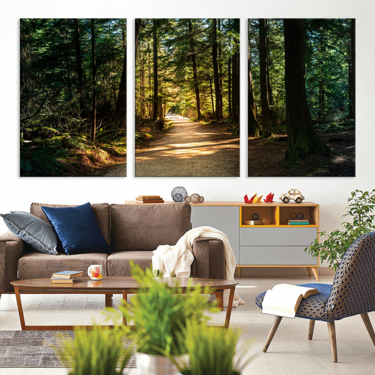 Sunlit Forest Pathway Canvas Print | 3 Panel Large Nature