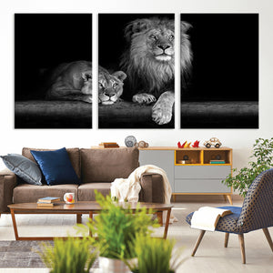 Large Black and White Lion Couple Wall Art Canvas Print –