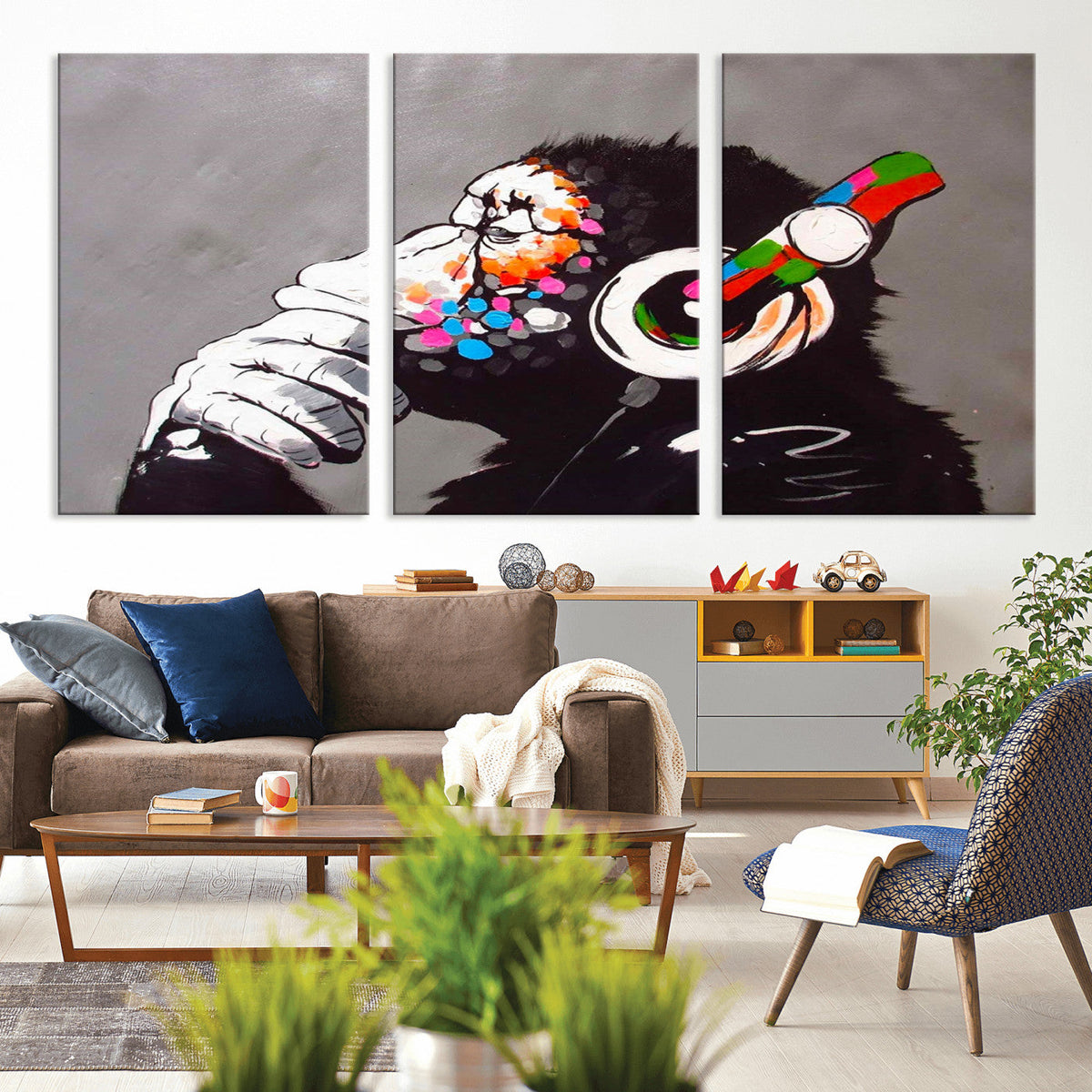 Dj Monkey Listening to Music Wall Art Print | Banksy Monkey