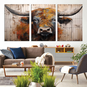 Scottish Highland Cow Cattle Art Print on Wood Style