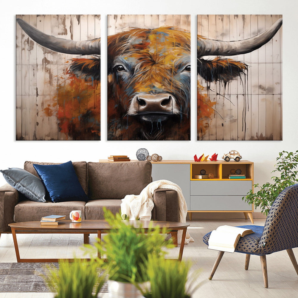 Abstract Bull Highland Cow Canvas Wall Art Print – Vibrant