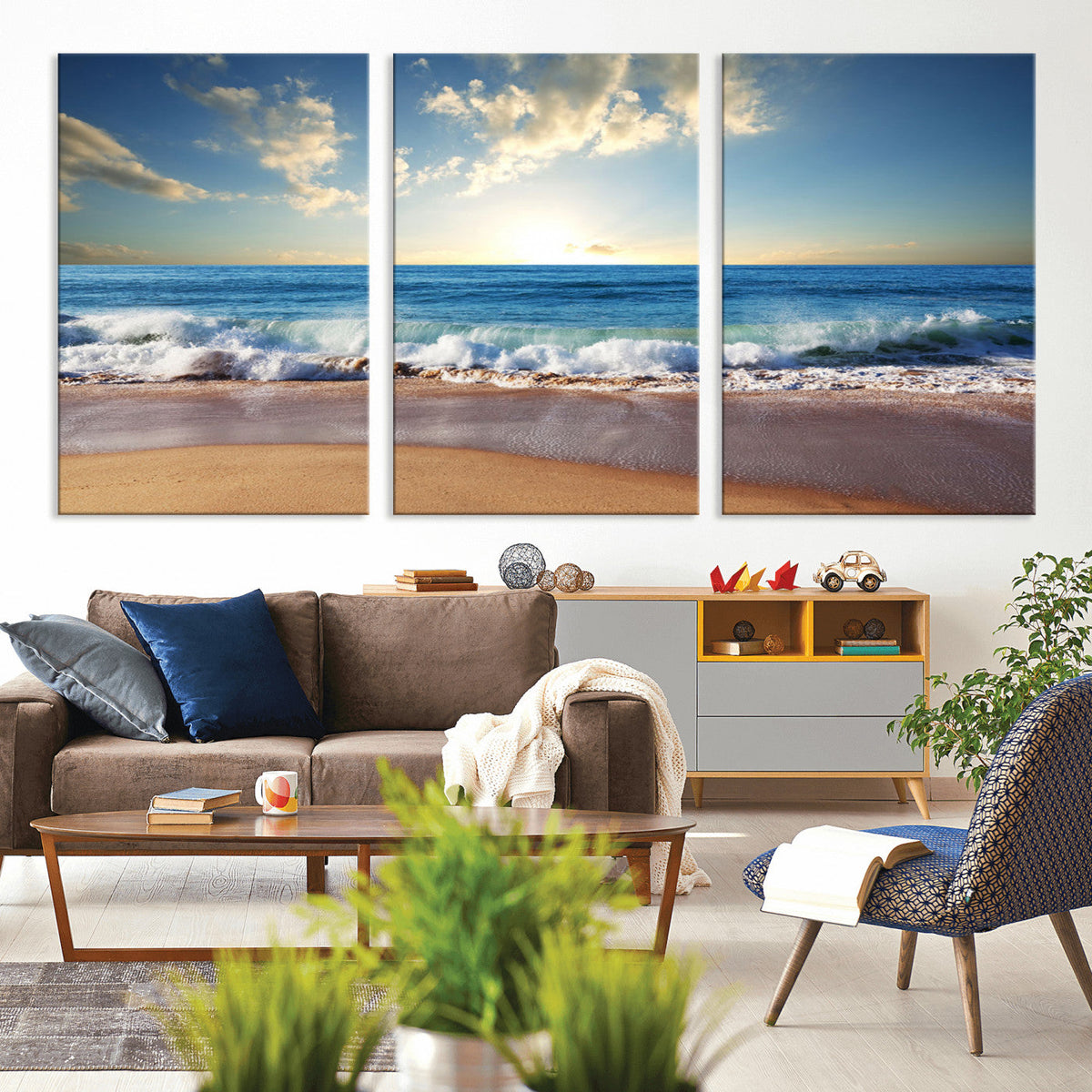 Serene Ocean Sunset Canvas Wall Art - Beach Waves at Sunset,