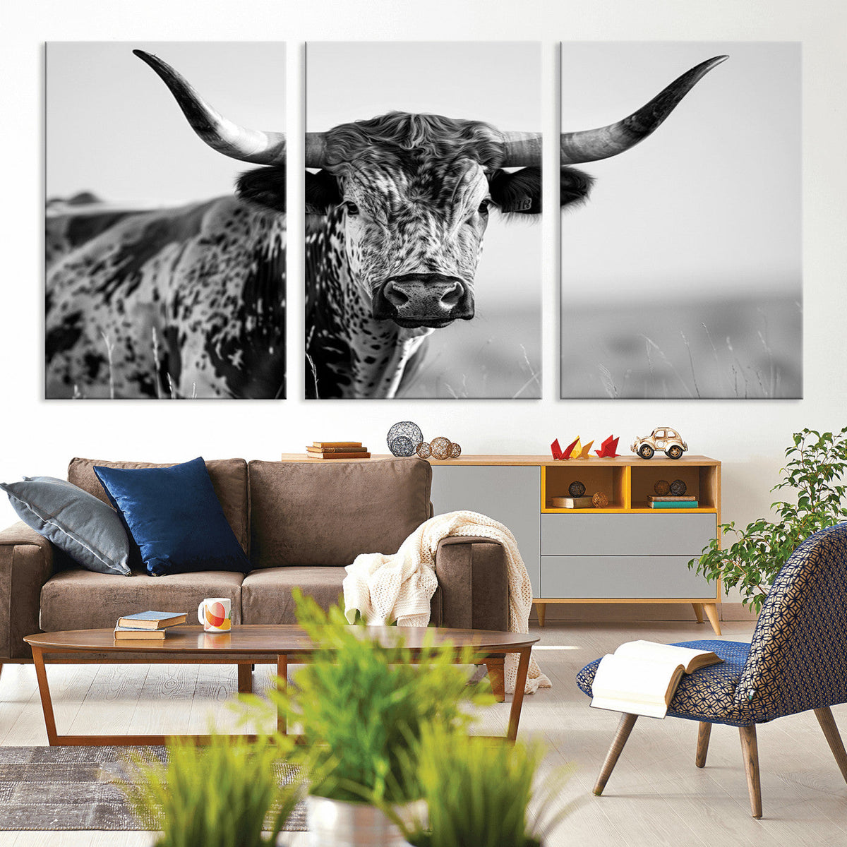Texas Highland Cow Longhorn Canvas Print - Rustic Farmhouse