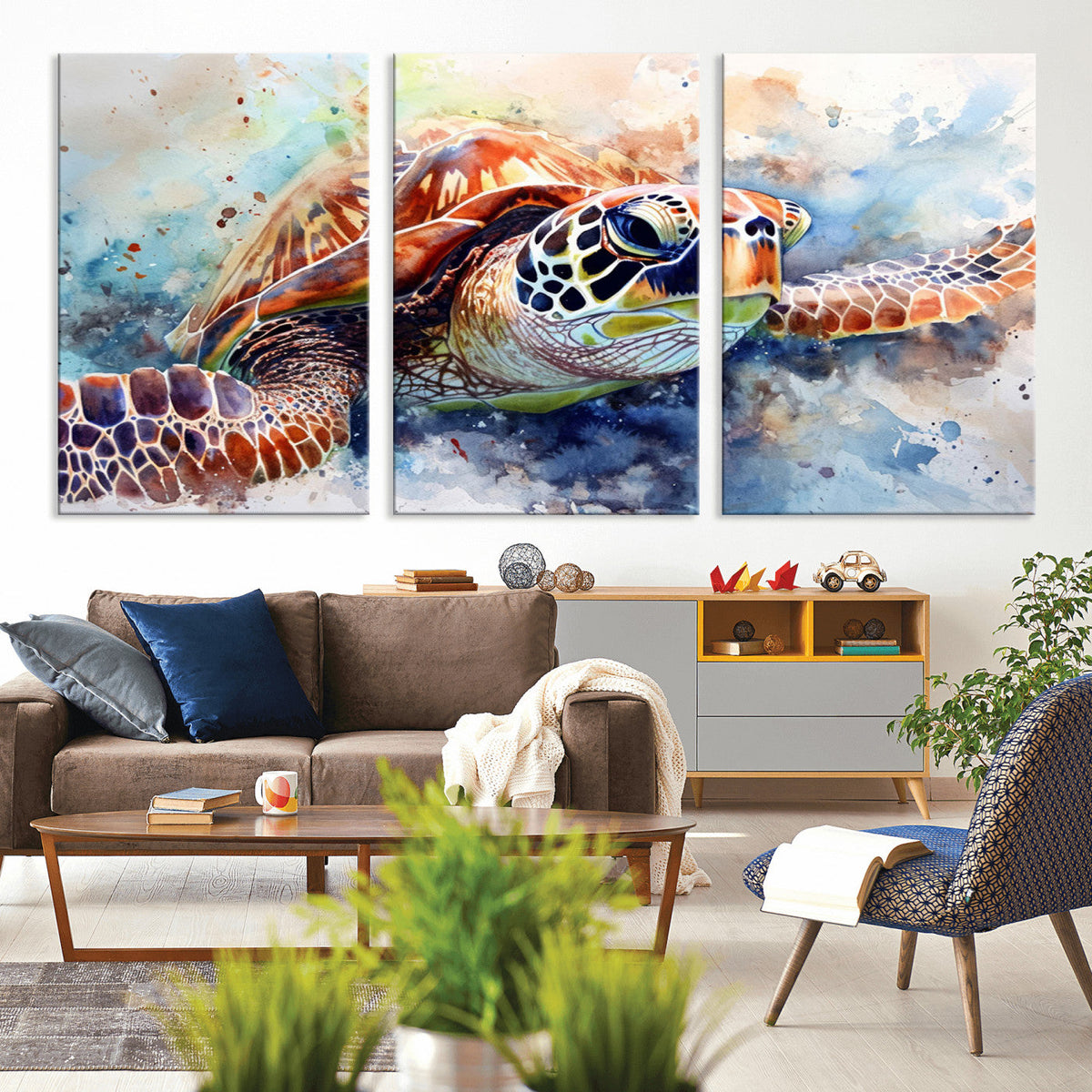 Watercolor Sea Turtle Wall Art Canvas Print - Vibrant Ocean