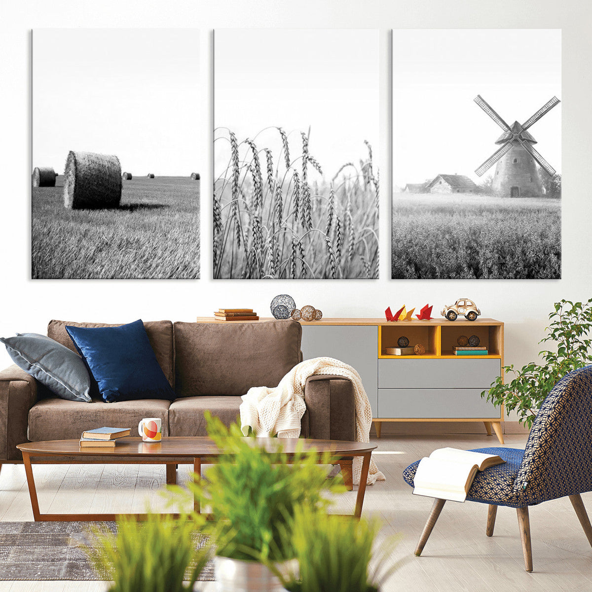 Vintage Farmhouse Black and White Triptych Wall Art – Giclee