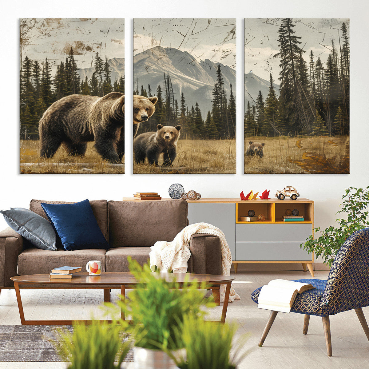 Rustic Grizzly 399 Bear Family Wall Art Canvas Print