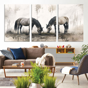 Chines Ink Style Vintage Horses Wall Art Canvas Print for