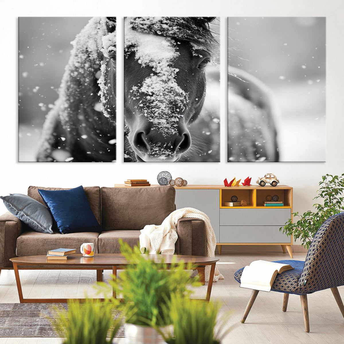 Black and White Horse Winter Wall Art | Ready to Hang and