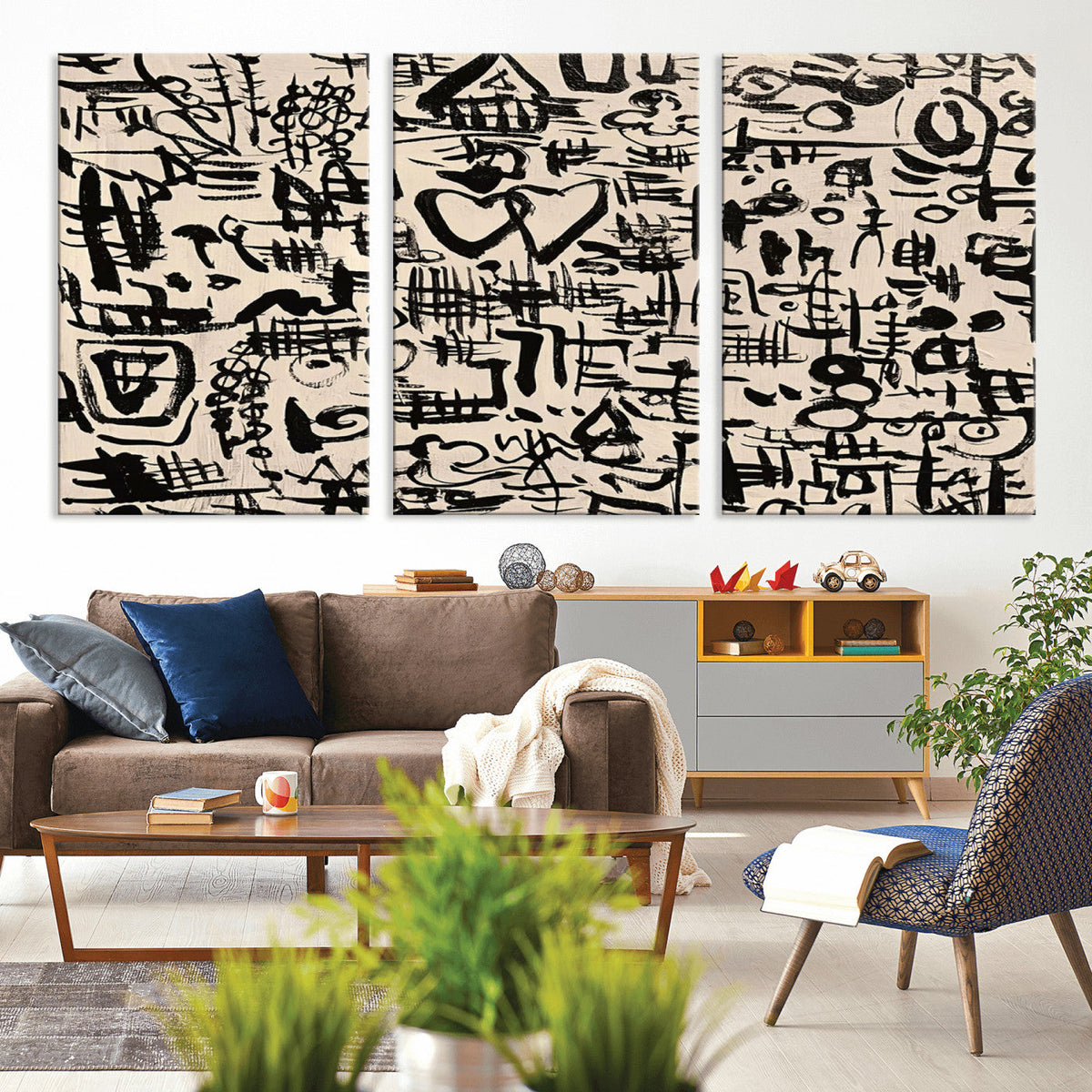 Abstract Love and Chaos Canvas Print, Black Symbols on Beige
