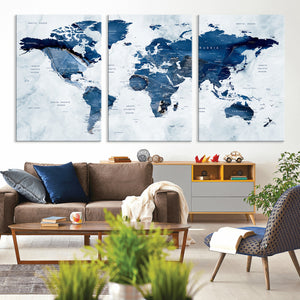 Modern Blue World Map Canvas Print – Framed Wall Art,