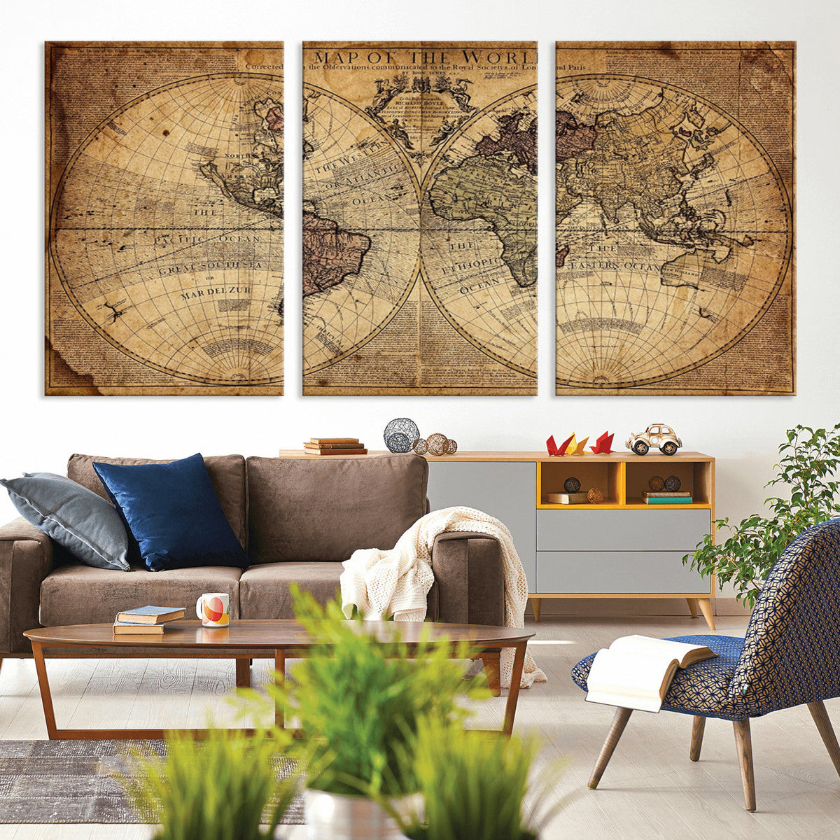 Vintage World Map Wall Art Canvas – Antique Style Push Pin