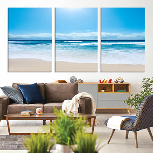 Wall Art Canvas Print Shiny Blue Sea and Beach
