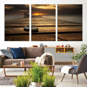 Stones on Wooden Pier at Sunset Canvas Print, Serene Coastal