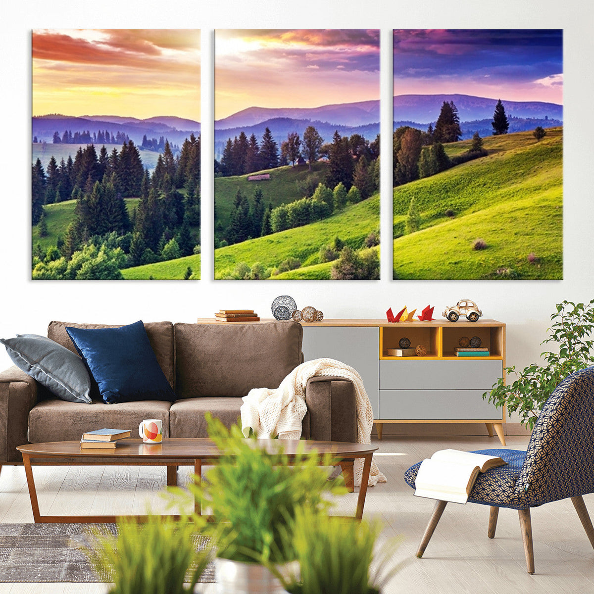 Green Hills and Sunset Wall Art Print - Scenic Landscape