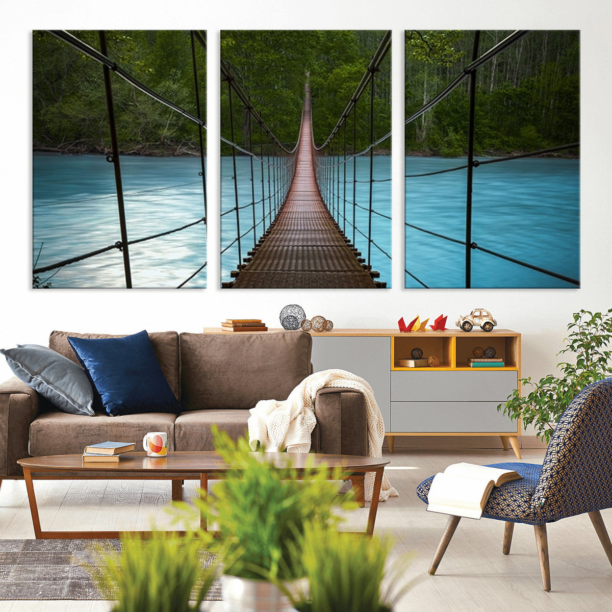Suspension Bridge Over River Canvas Art | 3-Panel Nature