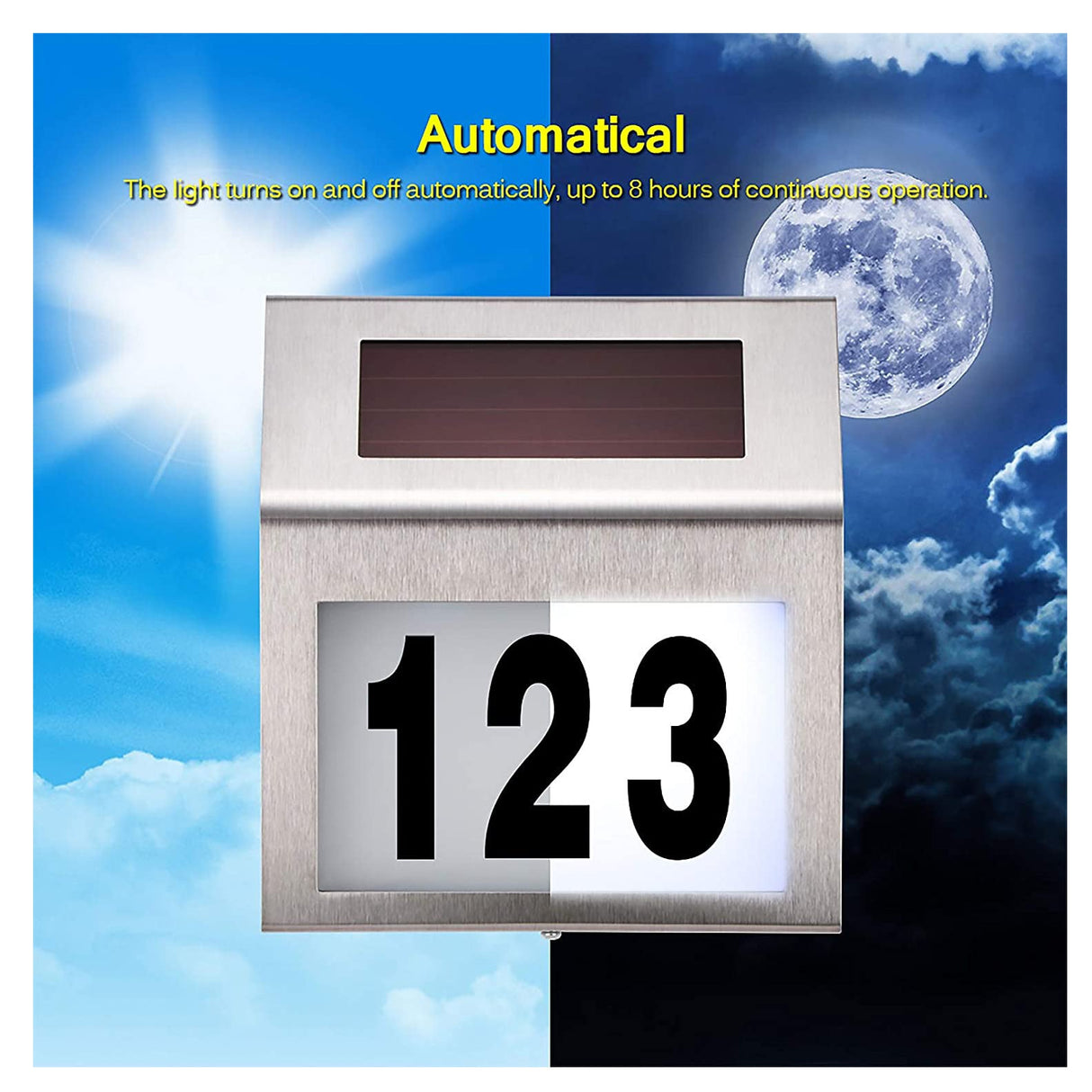 Solar LED Address Sign – Stainless Steel House Number Light with White LEDs, Waterproof, Customizable Numbers & Letters, Auto On/Off, 7.86 x 7.07 Inches
