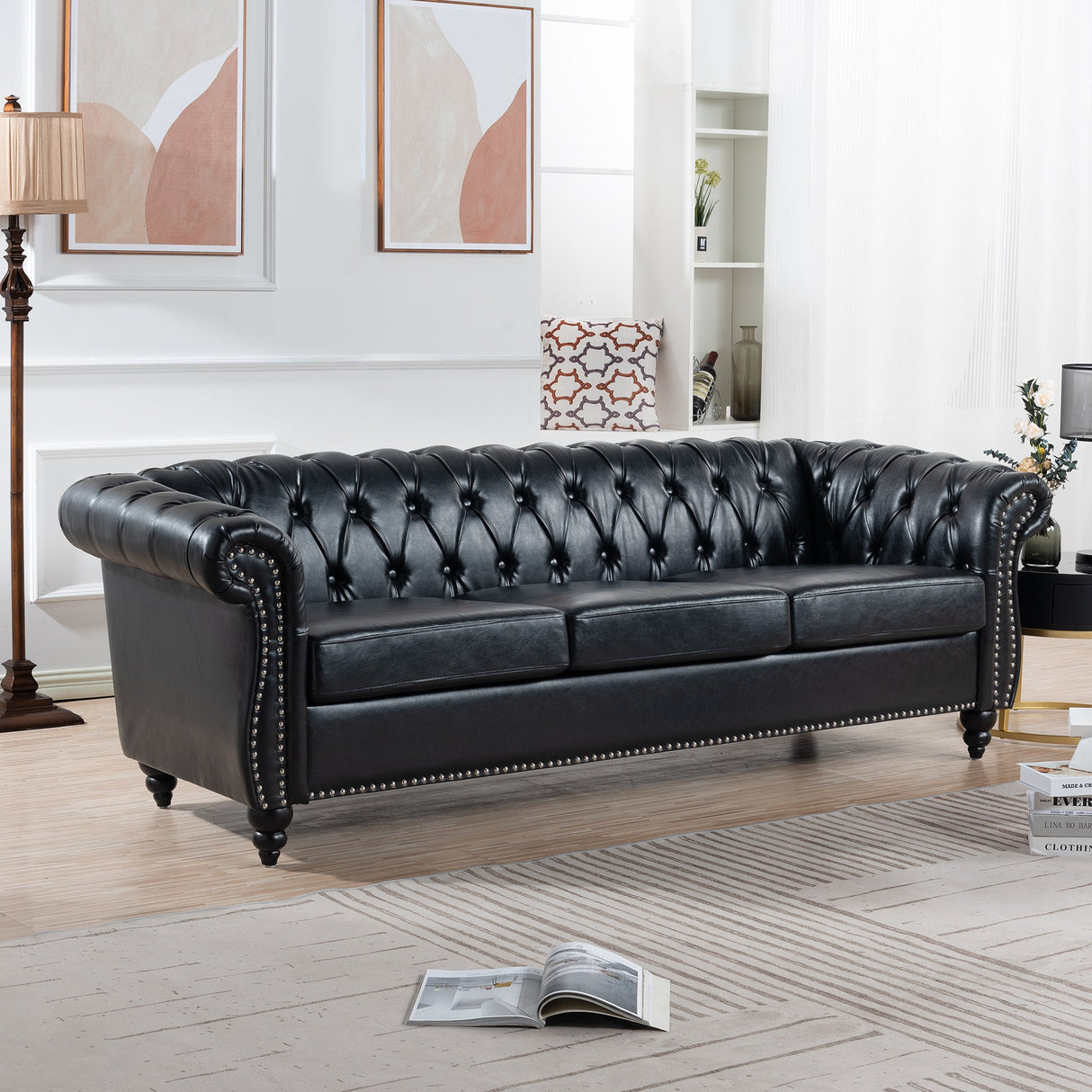 84.65' Black PU Rolled Arm Chesterfield Three Seater Sofa