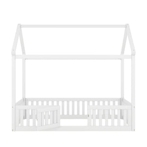Wood House Bed With Fence And Door