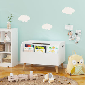 Toy Box With Front Bookshelf, Flip Top Lid, Safety Hinge For Kids Room Organization - White