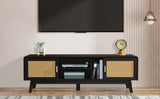 63'' Dark Rattan TV Stand with 2 Storage Cabinets and Solid Wood Legs
