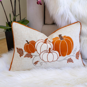 Embroidered Pumpkin Lumbar Throw Pillow – Fall Harvest Accent Cushion