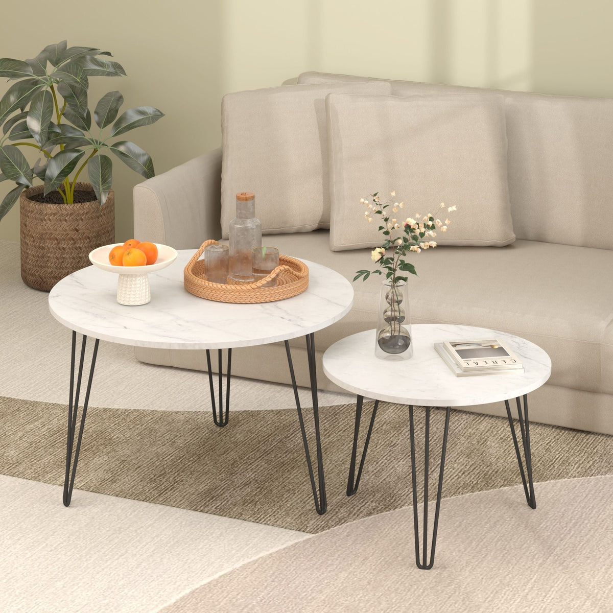 Rustic Round Nesting Coffee Table Set of 2 with Metal Frame - White, Black, Light Brown