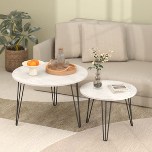 Rustic Round Nesting Coffee Table Set of 2 with Metal Frame - White, Black, Light Brown