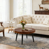 Modern Round Coffee Table - Walnut Pattern MDF And Black Metal Legs