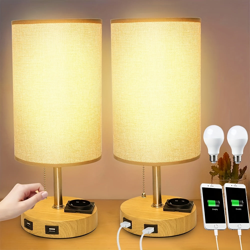Touch Table Lamp with USB & Outlet – Modern Fabric Shade Bedside Light for Bedroom