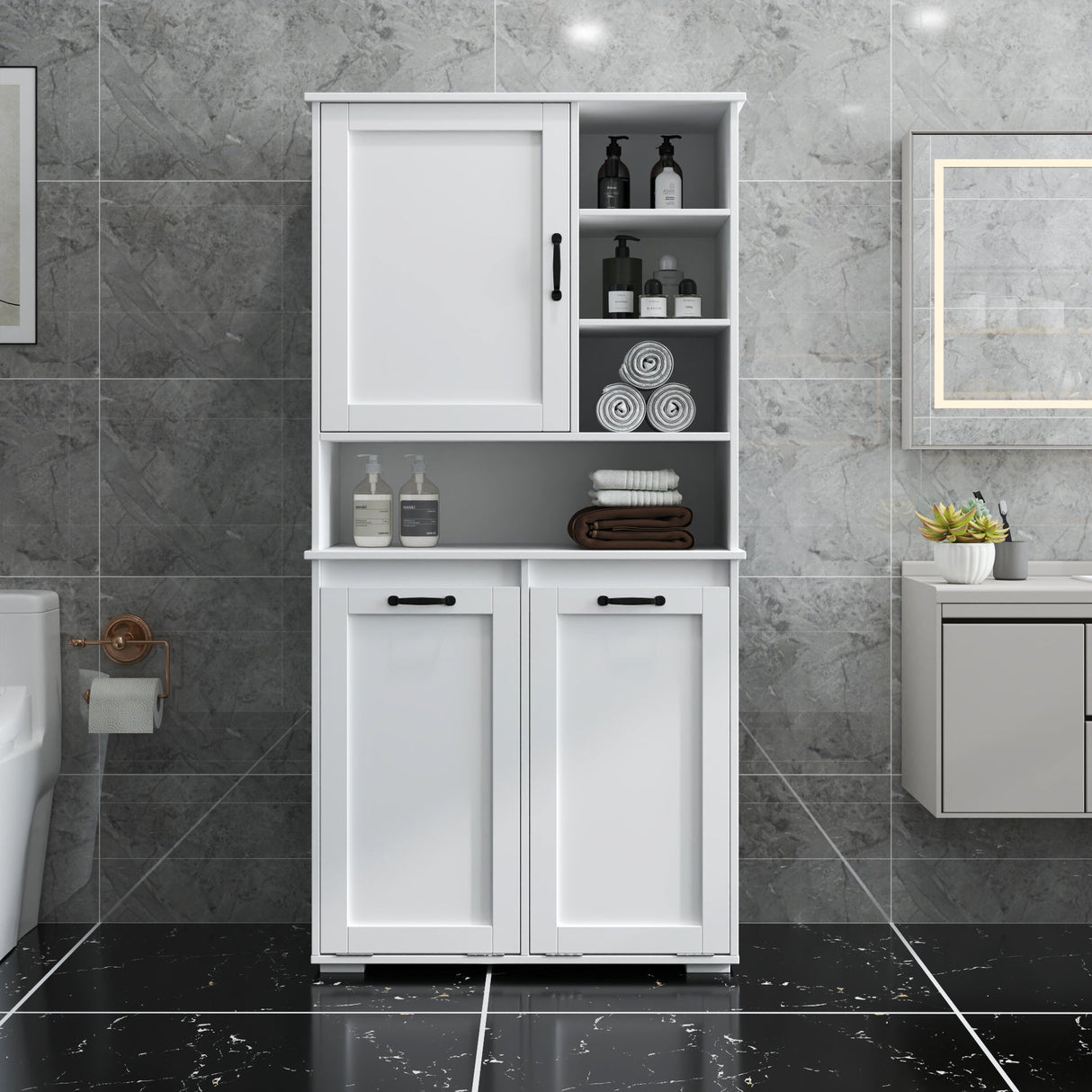 Laundry Cabinet with Doors and Shelf, Tilt-Out Laundry Hamper, Multiple Storage Space