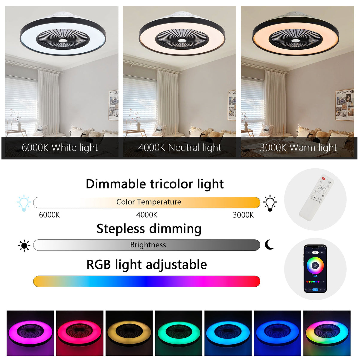 23-Inch Black Ceiling Fan Light with LED RGB - Modern Living Room Lighting