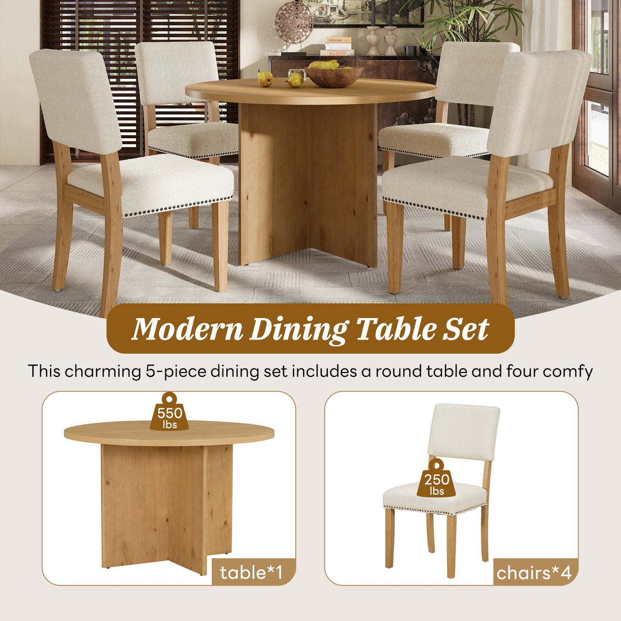 5-Piece Modern Round Dining Set with Upholstered Chairs