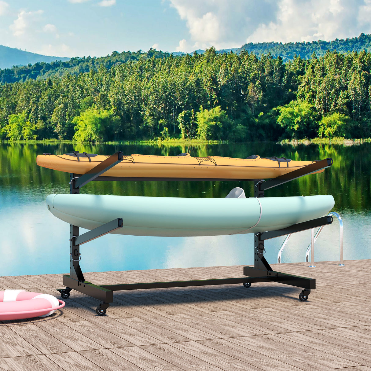 Freestanding-kayak-storage-rack-–-holds-2-kayaks,-heavy-duty-adjustable-stand-with-lockable-wheels-for-kayak,-canoe,-sup-&-surfboard-Outdoor-Cabinets-&-Storage