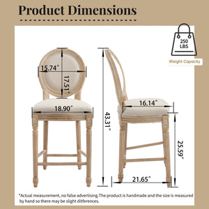 French Country 26'' Height Bar Chairs with Beige Linen Upholstery - Set of 2